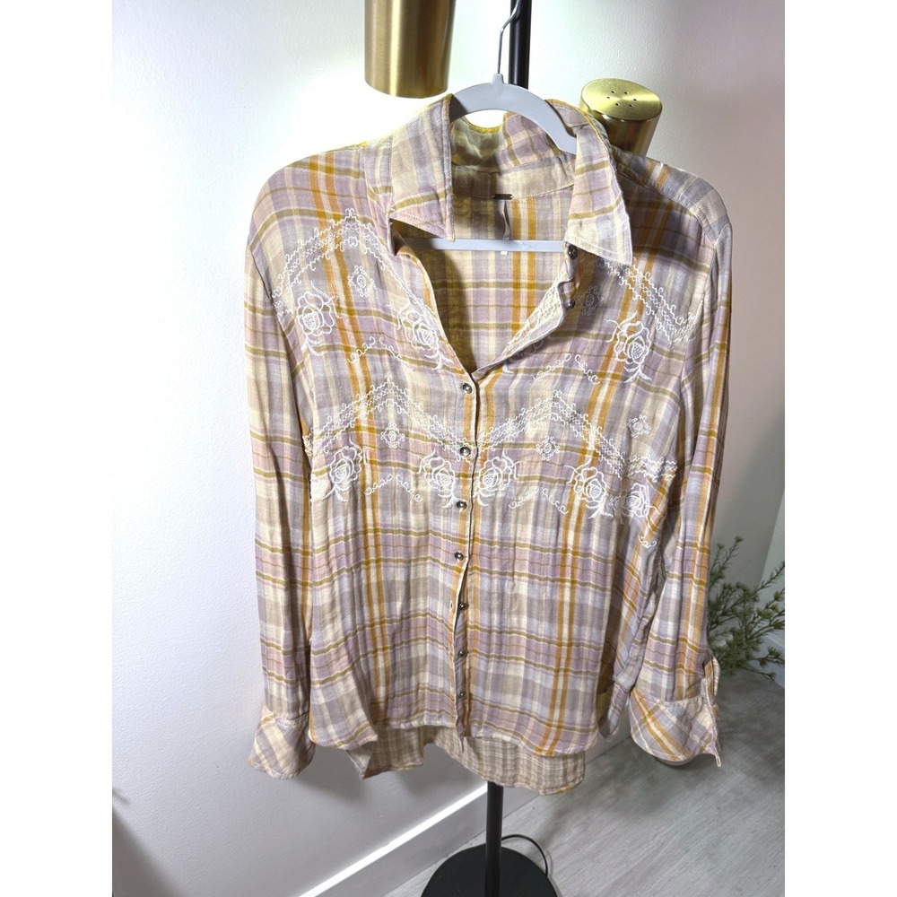 Free People Lavender Mustard Plaid Embroidered Cotton Gauze Shirt OB847338 Med